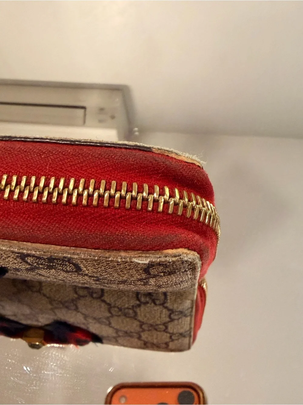 Gucci Beige Canvas Monogram Wallet with Navy and Red Bow